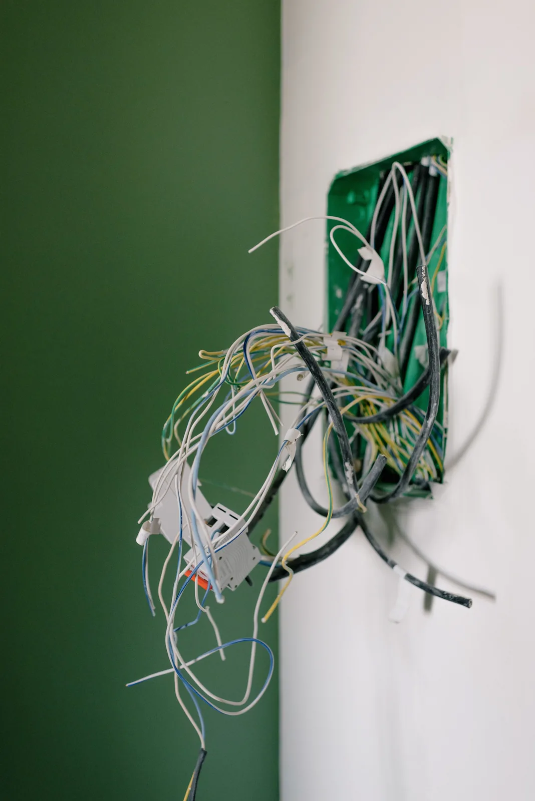 Old wiring spilling out of a junction box, for electrician in Winnipeg