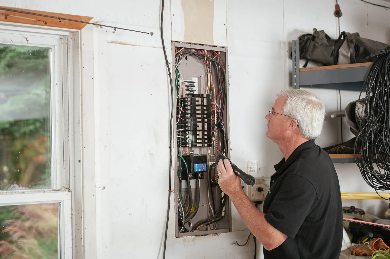 An electrician checking an open residential panel by torchlight, for level 2 charger in Winnipeg